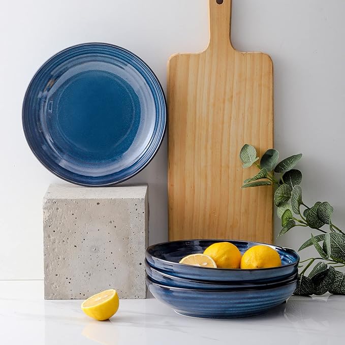 HASENSE Ceramic Pasta Bowls Set of 4, 32 Ounce Salad Serving Bowls for Kitchen, 8.7 inch Large Shallow Bowls for Pasta Salad Dinner Soup, Microwave Dishwasher Safe, Blue