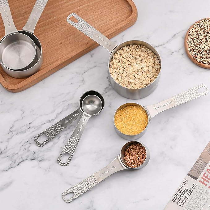 Measuring Cups and Spoons Set 12, Metric & US 18/8 Stainless Steel 5 Measuring Cups &6 Spoons &1 Leveler for Kitchen and Baking