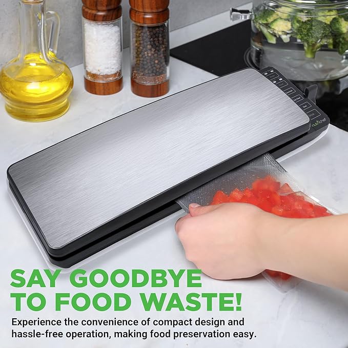 NutriChef Automatic Food Vacuum Sealer Machine - Electric Air Sealing Preserver with 5 Reusable Bags, LED Controls, High-Power Suction, for Dry & Moist Foods, Stainless Steel Housing