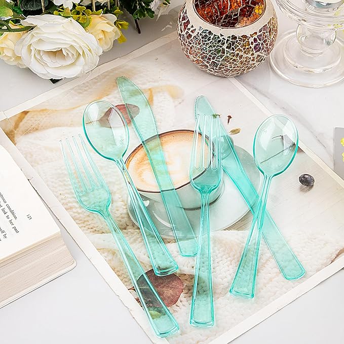 WDF 180 Pieces Green Plastic Silverware Disposable - Clear Green Cutlery Sets 60 Forks, 60 Knives and 60 Spoons - Heavy Duty Plastic Utensils for Party, Summner