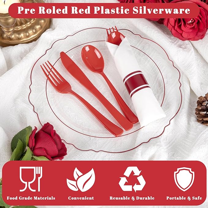 Liacere 400PCS Pre Rolled Red Silverware and Napkin - Disposable Red Plastic Utensils-Wrapped Plastic Cutlery Set with Napkin:100Forks,100Knives,100Spoons,100Napkins for Wedding＆Valentine＆Christmas