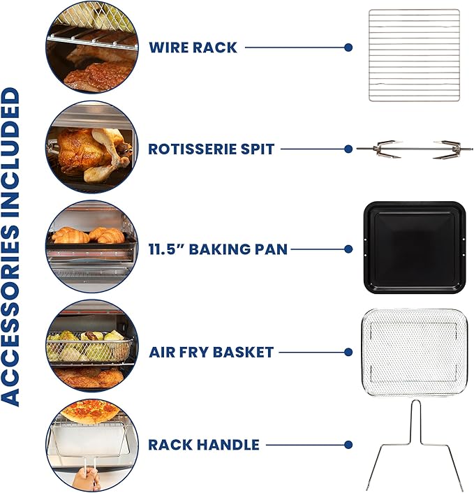Kenmore Toaster Oven Air Fryer - Fry Chicken, Rotisserie, Bake Bread, Cookie, Pizza Dehydrator Racks Convection Kitchen Appliances 26 Quart Horno Freidora De Aire Stainless Steel