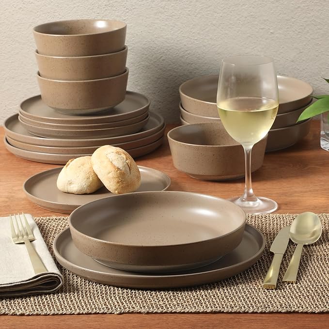 Gibson Elite Overbrook 16-Piece Pottery Clay Stoneware Dinnerware Set – Terraccotta Brown Reactive Glaze, Stackable Plates and Bowls w/Pasta Bowl, Service for 4 – Microwave & Dishwasher Safe