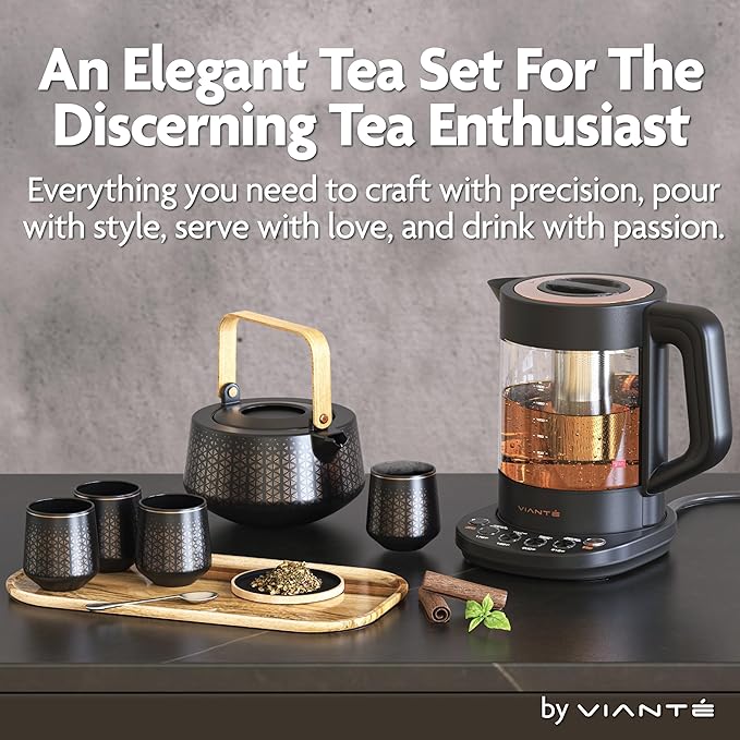 Vianté Luxury Tea Set. Electric Kettle with Infuser for Loose Leaf And Ceramic Serving Set. Teapot and Cup Set with Wooden Tray. Excellent Gift Idea For Tea Lovers.