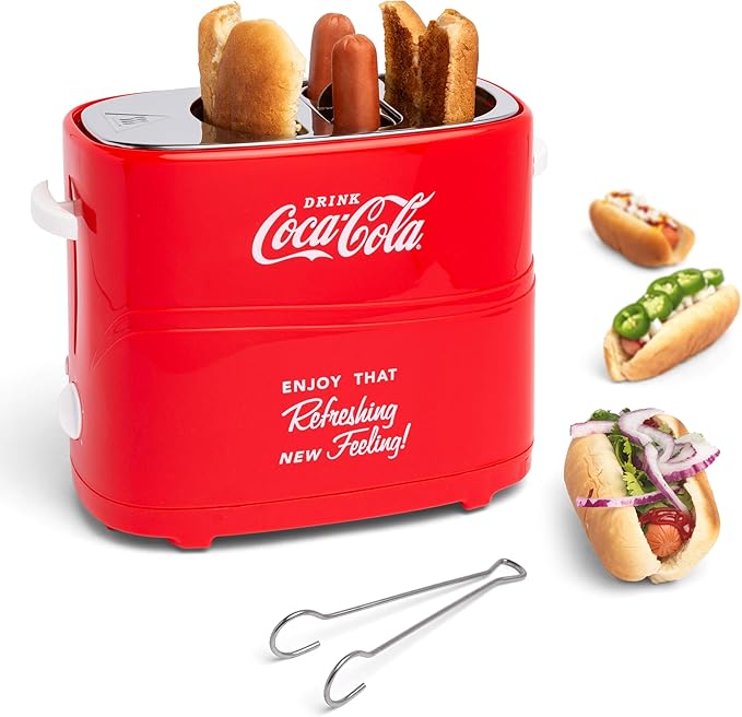 Nostalgia Coca-Cola Hot Dog Toaster - 2 Slot Bun Mini Tongs - Works with Chicken, Turkey, Veggie Links, Sausages and Brats - Coke Red