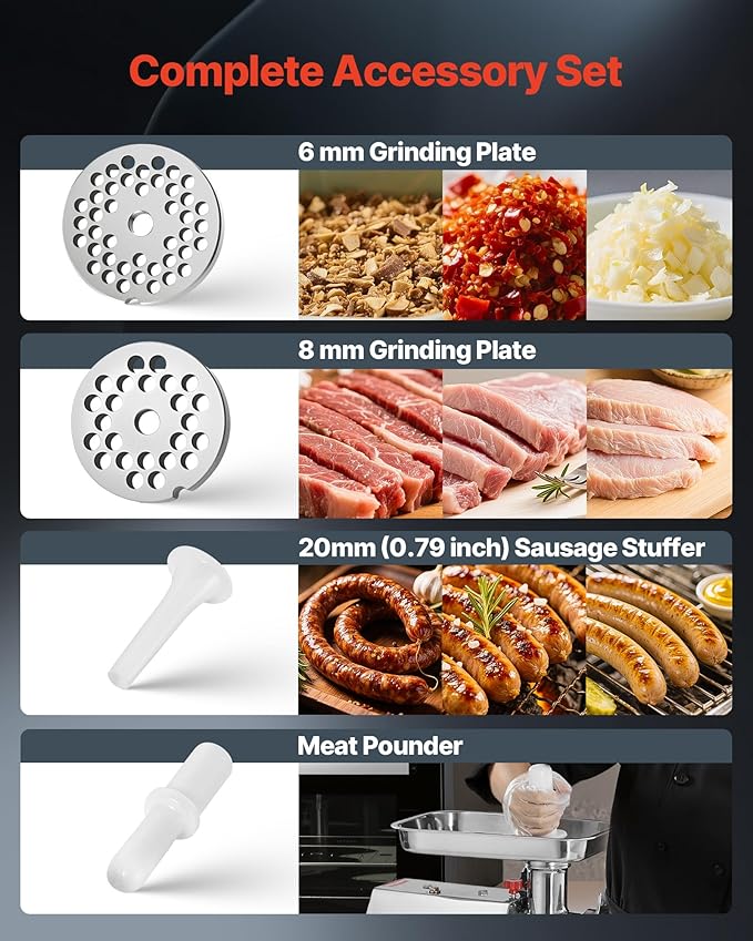 VEVOR Commercial Electric Meat Grinder, 7 lbs/min Capacity, #12 Industrial Meat Mincer with 2 Stainless Steel Blades, 2 Grinding Plates, 850W Heavy-Duty Sausage Maker Stuffer, for Kitchen, Restaurant