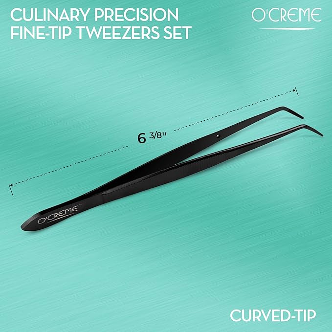 O'Creme Curved Tweezers 6.25 Inch Fine-Point Stainless Steel, Black
