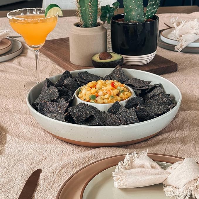 Mora Ceramic Chips and Dip Serving Tray: Large Divided Party Bowl Set for Chips & Salsa, Veggies & Dip, Fruit, Snacks, Entertaining, Hosting, etc. Minimalist Design for the Modern Hostess - Earl Grey