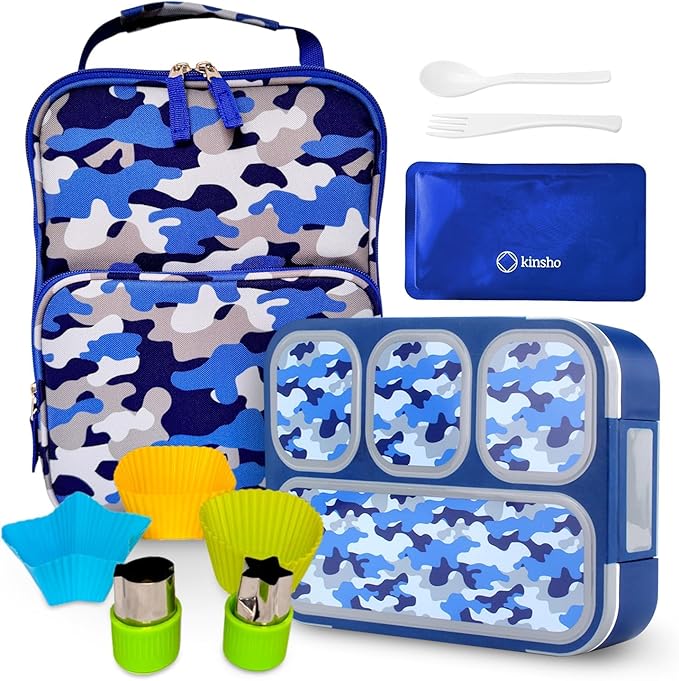 Camo Lunch Box for Boys, Bento-Box with Insulated Bag Ice Pack and Accessories, Set for Kids, Insulated Thermal Bag for School, Container Boxes for Big Kid Tween Adult Lunches, Blue Black Camouflage