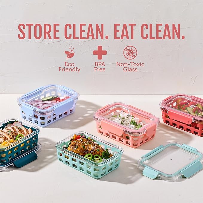 Ello Duraglass 3.4 Cup Meal Prep Sets 10Pc, 5 Pack Set- Glass Food Storage Container with Silicone Sleeve and Airtight BPA-Free Plastic Lids, Dishwasher, Microwave, and Freezer Safe, Melon
