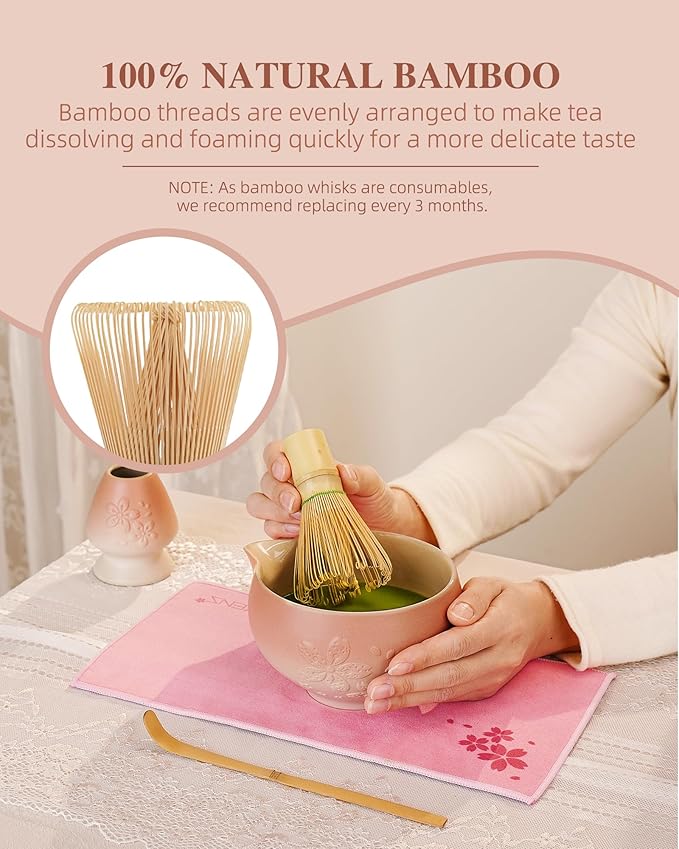 ZENS Matcha Whisk Set, Pink Ceramic Matcha Bowl with Embossed Sakura, 6pcs Matcha Tea Kit Includes Bamboo Whisk, (Chasen Holder) Scoop & Sifter, Tea Towel for Matcha Ceremony, Pink