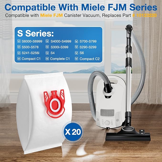 20 Pack 3D Airclean FJM Vacuum Cleaner Bags Compatible with Miele FJM Vacuum Cleaner, Compact C1, Compact C2, Complete C1, S241, S290, S300i, S500, S700, S4, S6 Series, Replaces Part 10123220