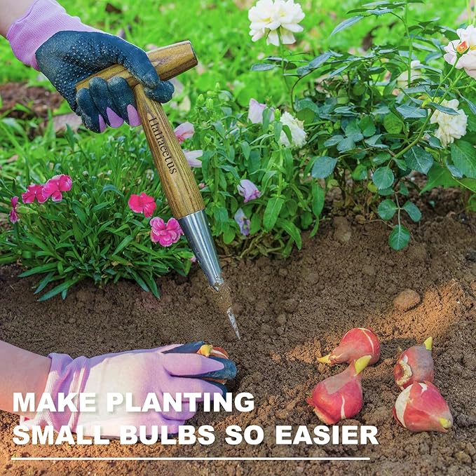 Haliaeetus Dibber Garden Tool, Stamped Stainless Steel Tip Seed Dibber, Smooth Splinter-Free T-Shape Wood Handle Dibbler with Comfortable Grip, 11'' Dibber for Planting Seed and Transplanting Seedling