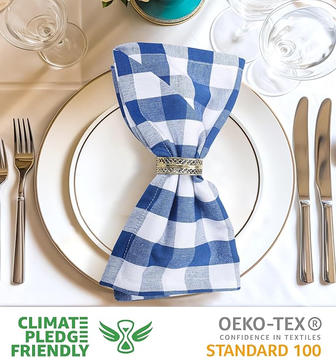 Urban Villa Cloth Napkins 100% Cotton Dinner Napkins Highly Absorbent 20x20 Inches (Set of 12) Blue White Buffalo Checks Reusable Washable Soft Durable Premium Napkins Ideal for Home Wedding Parties