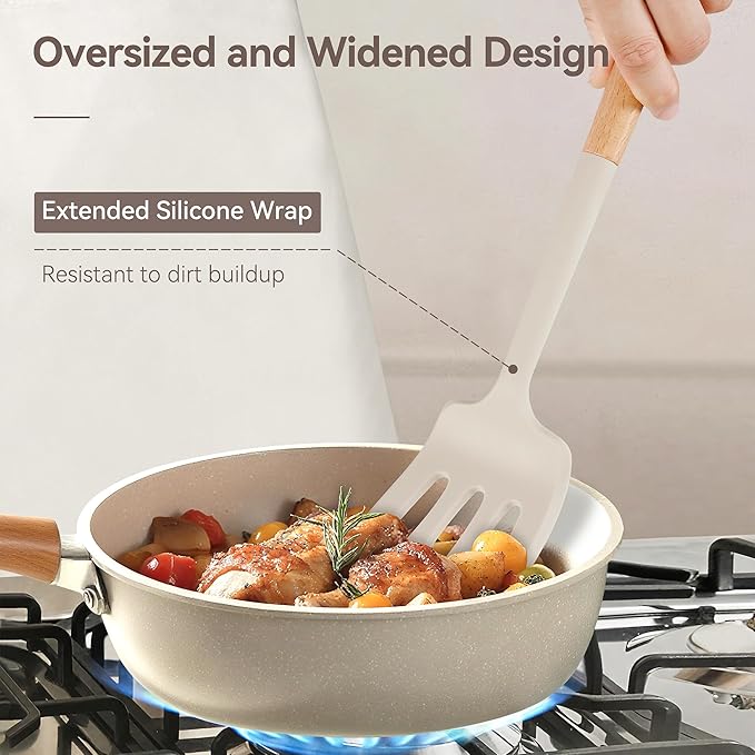 Kitchen Utensils Set, Large Non-stick Silicone Cooking Utensils Set 6 Pcs, Wooden Handle Heat Resistance Silicone Spatula Soup Ladle Pasta Server Kitchen Gadgets Utensils Set BPA Free (Khaki)