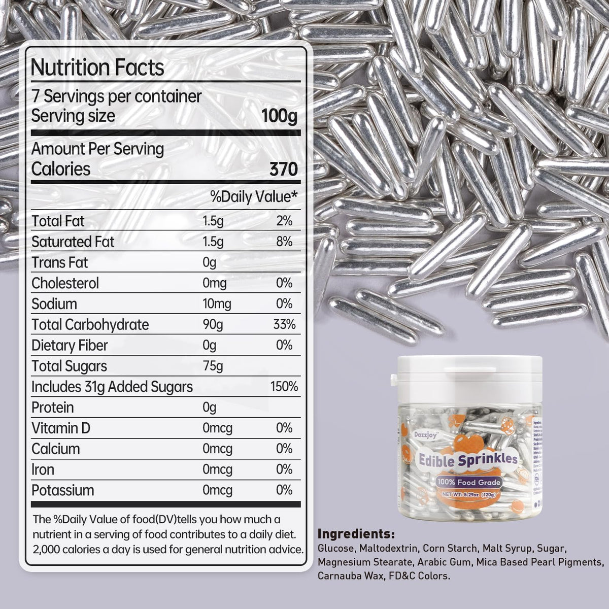Dazzjoy Silver Rods Sprinkles, Edible Sugar Sprinkles, 120g/4.23oz, Cupcake Toppers, Cake Decorations, Ice Cream, Wedding Party Valentines Easter Supplies