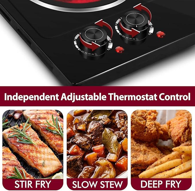 CUSIMAX Double Burner, 1800W Ceramic Electric Hot Plate for Cooking, Dual Control Infrared Cooktop, Portable Countertop Burner, Glass Plate Electric Cooktop, Stainless Steel Black