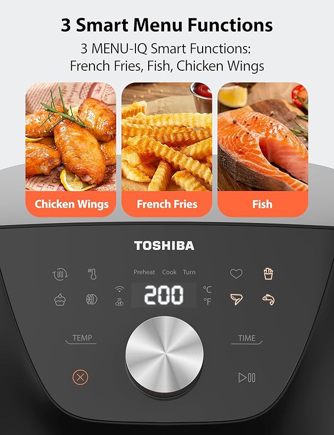 Toshiba 5.5QT Air Fryer with Heat-Q Technology, Quick and Easy Meals, 8 Preset Menus and Menu-IQ Function, 1-Degree Fahrenheit Precision, 90% Less Oil, Double-Sided Handles