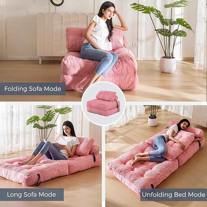 MAXYOYO Folding Sofa Bed, Convertible Sleeper Chair with Pillow Foldable Mattress with Back Support, Portable Fold Out Chair Bed Comfy Floor Sofa Lounge for Living Room Bedroom, Pink, Single