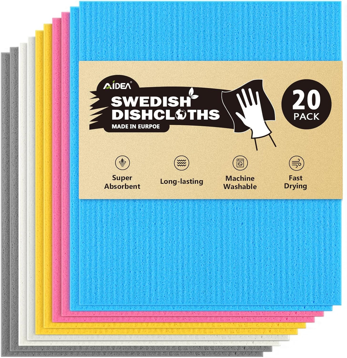 AIDEA Swedish Dishcloths for Kitchen-20PK, Absorbent Sponge Dish Cloth, Dishcloths for Washing Dishes, Reusable Paper Towels Dish Cloths, Swedish Towels for Home, Kitchen, Glass, 7" x 6"