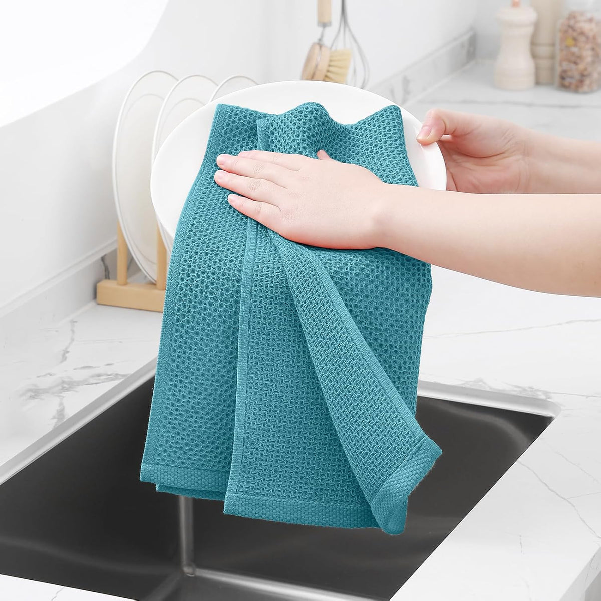 Homaxy 100% Cotton Waffle Weave Kitchen Dish Towels, Ultra Soft Absorbent Quick Drying Cleaning Towel, 13 x 28 Inches, 12-Pack,Lake Blue