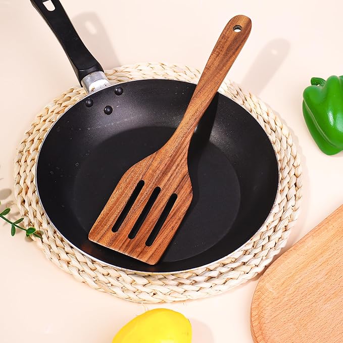 FJNATINH Wooden Slotted Spatula for Cooking, Nonstick Teak Slotted Turner, Flat Wooden Kitchen Cooking Spatula Turner for Frying Flipping Kitchen Utensil Pancake