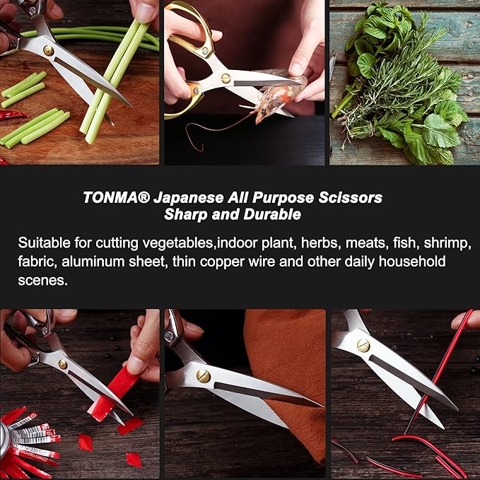 TONMA Kitchen Scissors [Made in Japan] Heavy Duty Stainless Steel All Purpose Kitchen Shears Tool With Ergonomic Handle for Herbs, Vegetable, Meat, Food, Pruning Plants Bonsai, Arts Crafting - Gold
