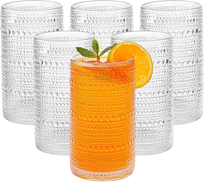 Large Vintage Hobnail Drinking Glasses Set of 6, 16oz Clear Highball Glasses Cups, Kitchen Water Glasses Cup, for Cocktail, Juice, Whiskey, Milk and Various Mixed Drinks