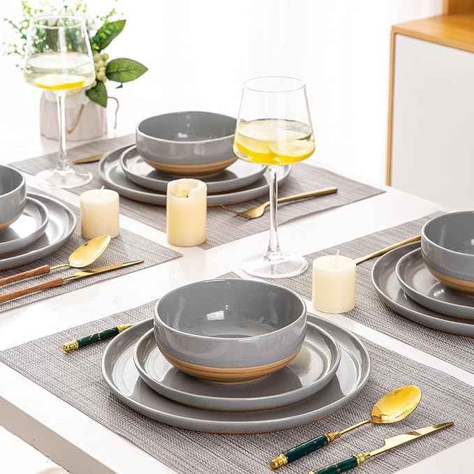 AmorArc Ceramic Dinnerware Sets for 6, 18 Pieces Handpainted Plates and Bowls Set with Rustic Terracotta Underside, Scratch Resistant Stoneware Dishes Set, Dishwasher & Microwave Safe, Gray