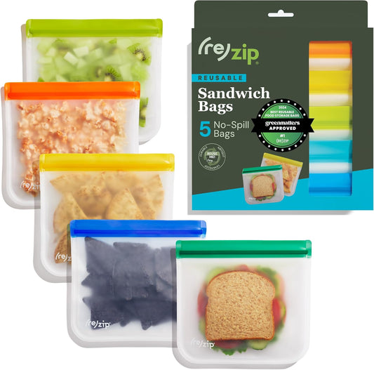 (re) zip 5-pack Reusable Sandwich Lunch Food Storage Bags | BPA-Free, Food Grade, Leakproof, Freezer Safe, Dishwasher Safe, Travel Friendly | Multicolor for Easy Organization
