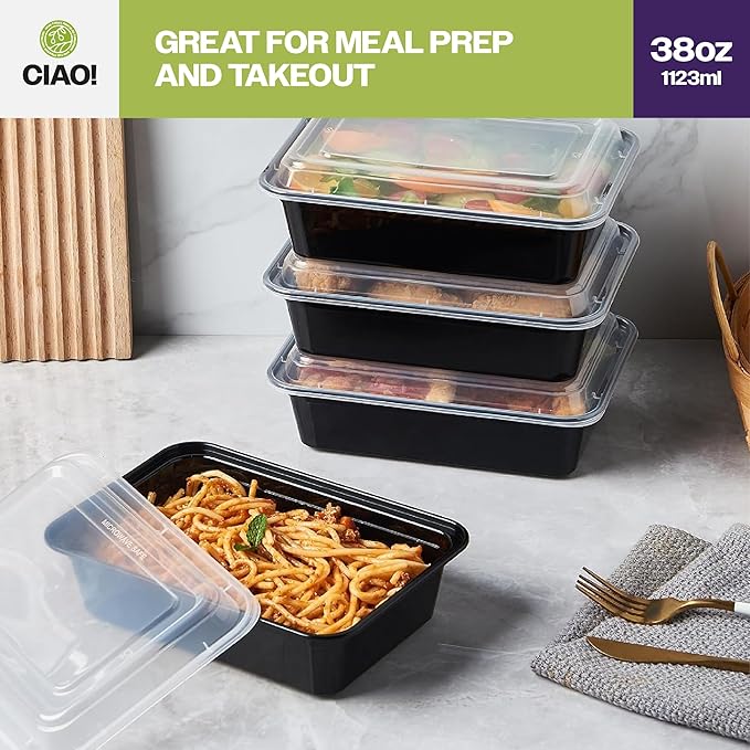 CIAO! Heavy Weight 38oz Injection Molded Microwavable Black Rectangular Food Container with Lid (150/case)