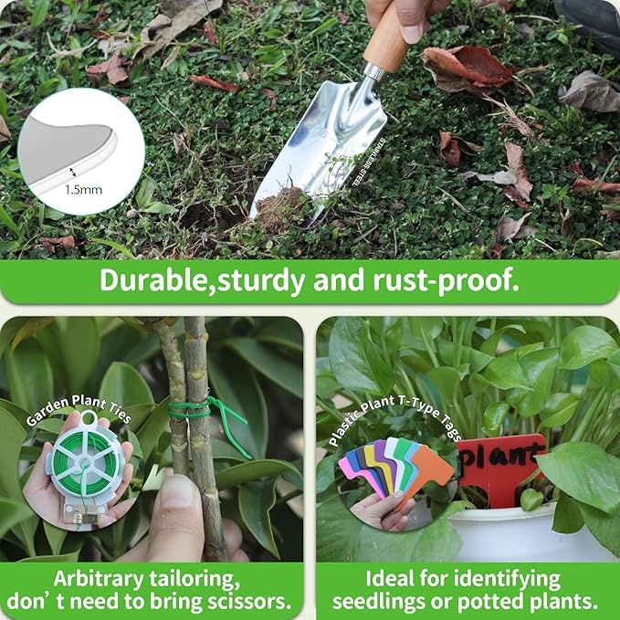 Garden Tool Set, 3 Pieces Gardening Kit with Garden Plant Twist Tie and Plastic Plant Tag, Stainless Steel Heavy Duty Garden Tools with Wooden Handle, Gardening Gifts for Women