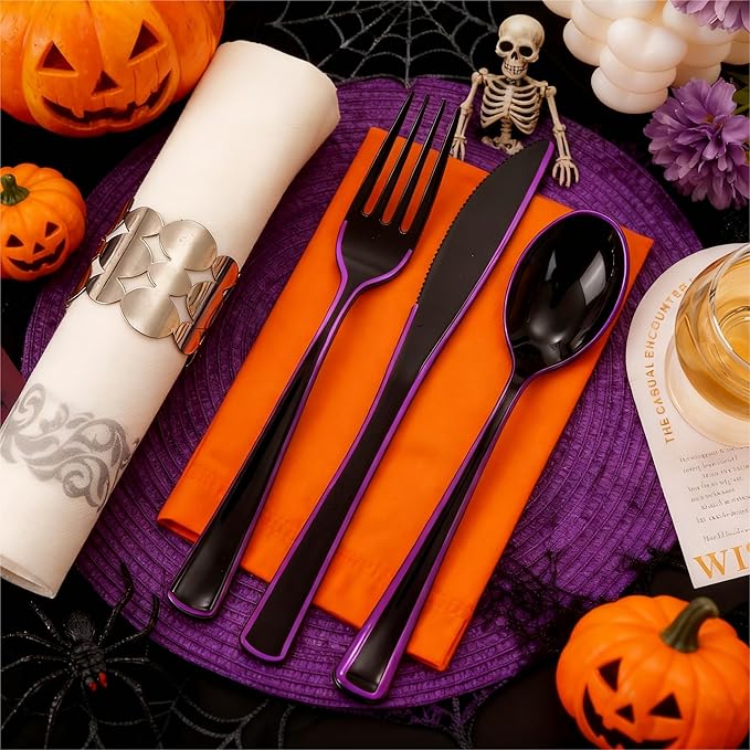 WDF 180 Pieces Black and Purple Halloween Plastic Silverware - Black Flatware Set Include 60 Forks, 60 Knives and 60 Spoons Heavy Duty Plastic Cutlery Purple Utensils for Halloween Party/Birthday