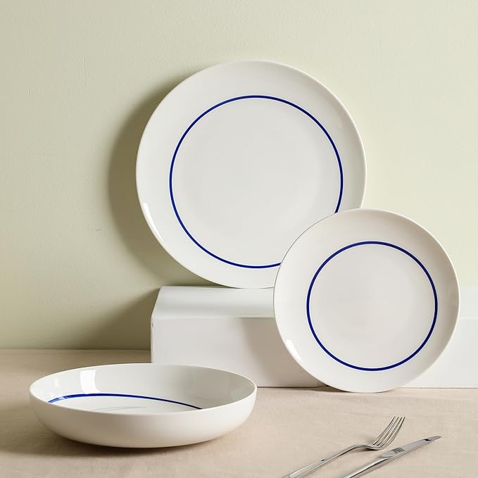 Stone Lain Luna 24-Piece Porcelain Dinnerware Set, Plates and Bowls Set, Dish Set for 8, Blue