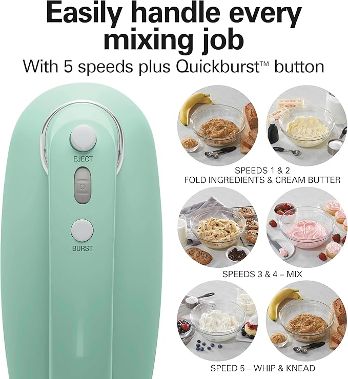Hamilton Beach Vintage-Style 5-Speed Electric Hand Mixer, Powerful 1.3 Amp DC Motor for Effortless Mixing & Consistent Speed in Thick Ingredients, Slow Start, Beaters and Whisk, Green (62601N)