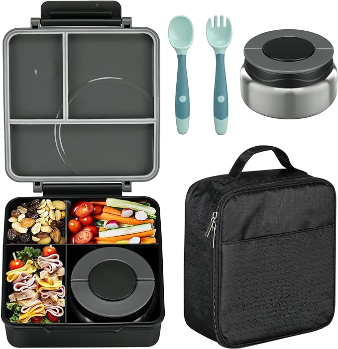 Bento Lunch Box Set for Kids with 8oz Soup Thermo, Leak-Proof Lunch Containers with 4 Compartment, Kids Thermo Hot Food Jar and Insulated Lunch Bag for Kid to School-Black