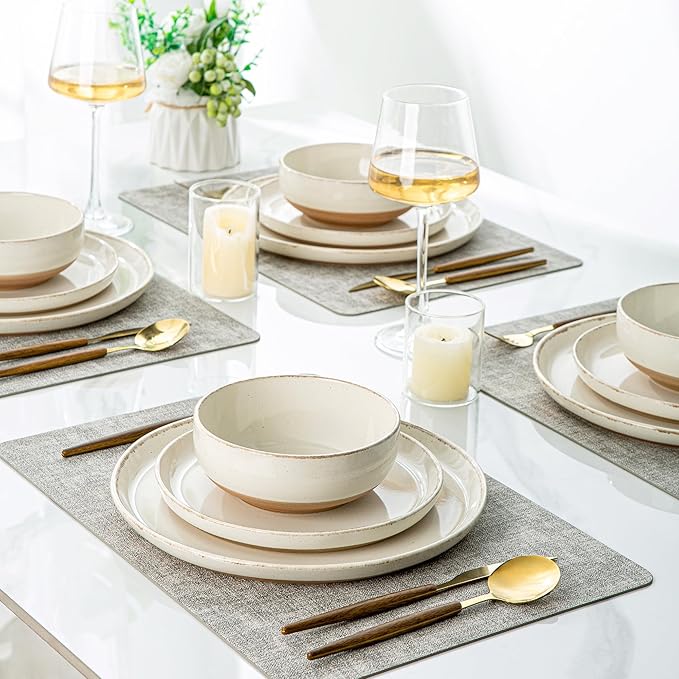 AmorArc Ceramic Dinnerware Sets with Pasta Bowls for 6, Handpainted Plates and Bowls Set with Rustic Terracotta Underside, Scratch Resistant Dishes Set, Dishwasher & Microwave Safe, 24 Pcs