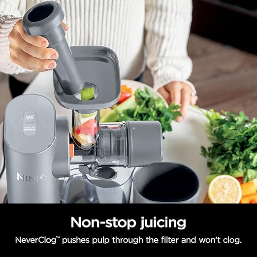 Ninja NeverClog Cold Press Juicer, Powerful Slow Juicer with Total Pulp Control, Countertop, Electric, 2 Pulp Functions, Dishwasher Safe, 2nd Generation, Steam Gray, JC151SL