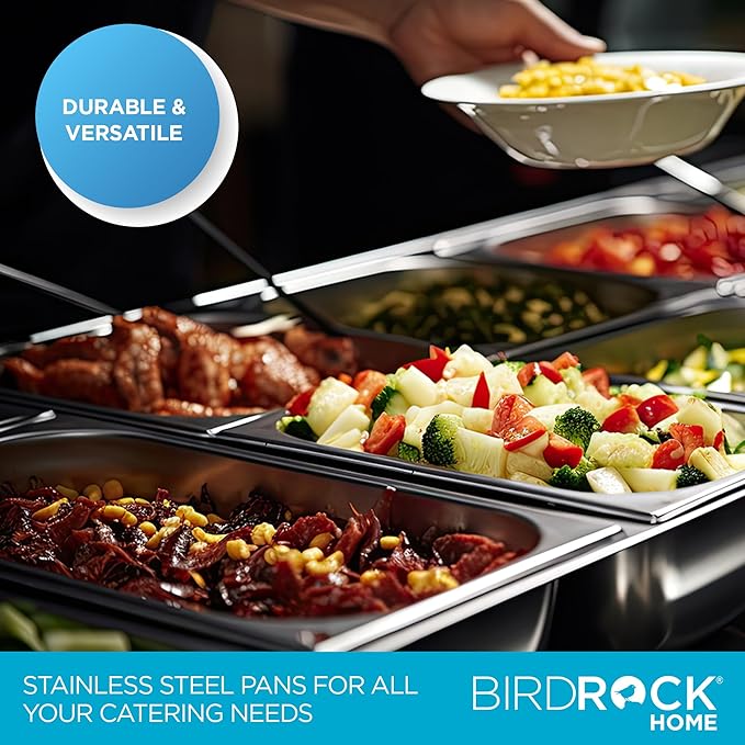 BIRDROCK HOME Stainless Steel Steam Table Pan - Hotel, Restaurant & Catering Supplies - 24 Gauge Steel, 4.3 qt Capacity - Meal Prep, Cooking, & Food Storage Container - 6" Depth, 1/4-Size (6 Pack)