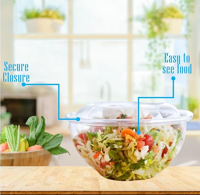 Mr Miracle Clear 18 Ounce Plastic Salad Bowls with Snap-On Lids. Pack 50. Airtight Disposable Salad Containers for Lunch, Meal Prep, Parties. Ideal as Disposable Salad Bowls with Lids