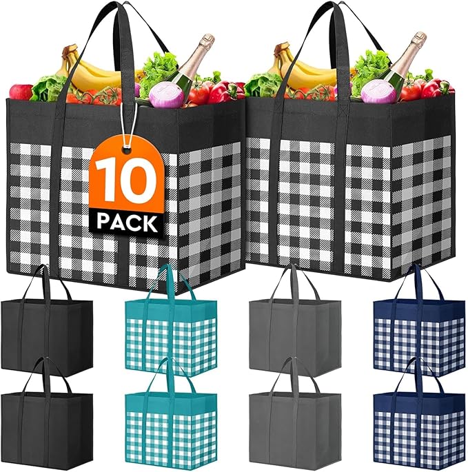 WISELIFE Reusable Grocery Shopping Bags 10 Pack Large Foldable Tote Bags Bulk, Eco Produce Bags with Long Handle for Shopping Groceries Clothes (Plaid B)