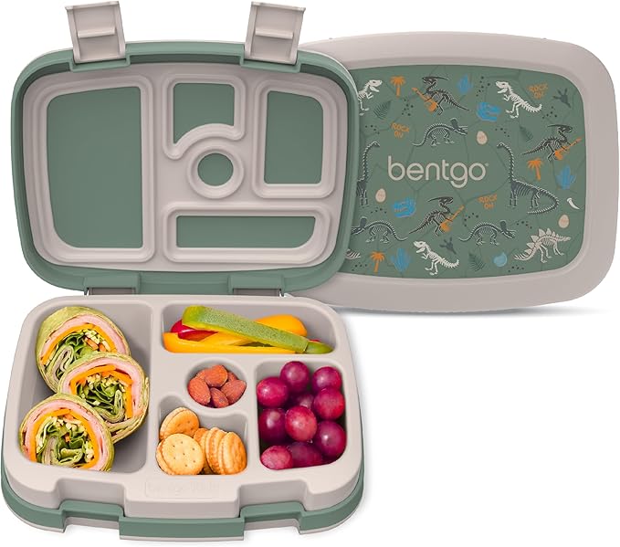Bentgo Kids Prints Leak-Proof, 5-Compartment Bento-Style Kids Lunch Box - Ideal Portion Sizes for Ages 3-7, Durable, Drop-Proof, Dishwasher Safe, & PFAS & BPA-Free Materials (Dino Fossils)