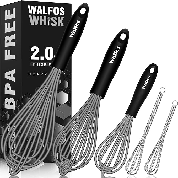 Walfos Whisk, Silicone Whisks Set of 5, Mini Stainless Steel Whisk 7in+5in and Non Scratch Coated 7+9+11in Whisks, Suitable for Blending, Whisking, Beating, Frothing & Stirring. (Grey)