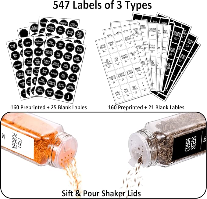 Churboro 36 Spice Jars with Labels- Spice Jars with Bamboo Lids - 4 Oz Glass Spice Containers with Shaker Lids, 547 Spice Labels of 3 Different Types Seasoning Jars for Spice Rack, Cabinet, or Drawer