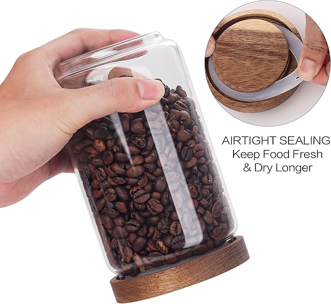 Set of 6 Glass Pantry Storage Jars with Wood Airtight Lid - 23oz Thicken Glass Kitchen Canisters with Reuse Labels&Pen - Glass Food Storage Containers with Wood Lid for Tea,Sugar,Cookie,Coffee