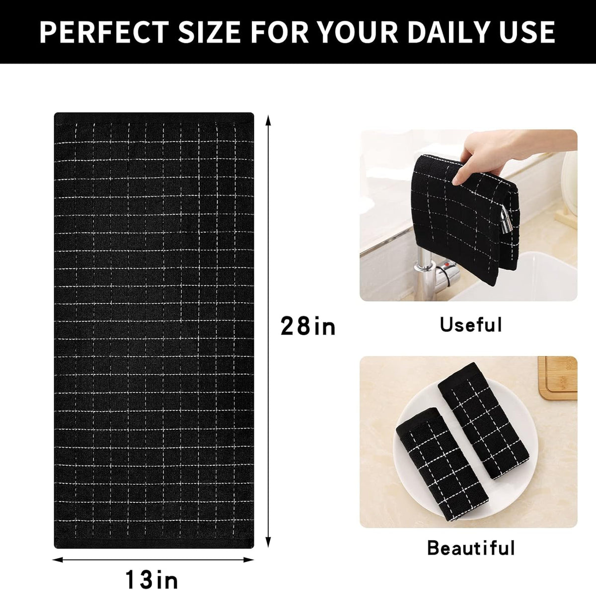 Homaxy 100% Cotton Terry Kitchen Towels(Black, 13 x 28 inches), Checkered Designed, Soft and Super Absorbent Dish Towels, 4 Pack