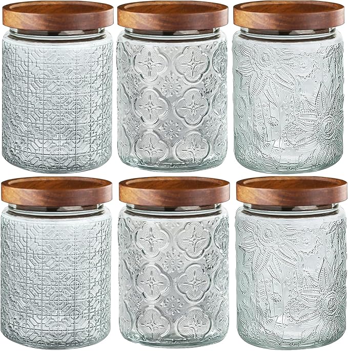 6-Pack 24 OZ Vintage Glass Jar with Lid, Airtight Food Storage Canisters with Bamboo for Kitchen Counter Pantry, Ideal for Coffee, Candy, Tea, Oats, Sugar, Cookies Decorative Jars