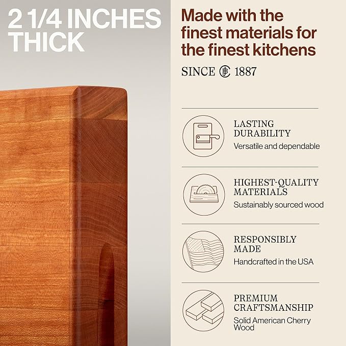John Boos RA-Board Series Rectangular Wooden Cherry Cutting Board 20”x15” – 2.25” Thick, 20-lb Reversible Butcher Block with Edge-Grain & Finger Grips – Made in the USA