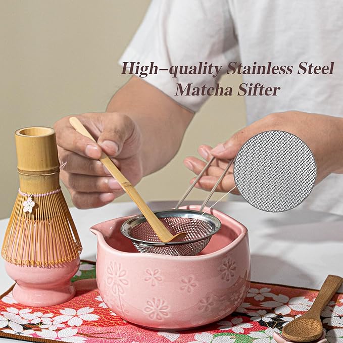 8 Pcs Matcha Whisk Set, Ceramic Matcha Bowl, Whisk and Holder, Bamboo Scoop and Powder Spoon, Scoop Rest, Sifter and Tea Towel, Matcha Set with Cherry Blossom Carved Patterns for Matcha Lovers (Pink)
