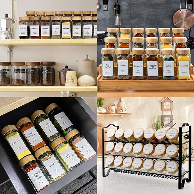 AISIPRIN Glass Spice Jars with 398 Labels, 24 pcs 4oz Spice Containers with Bamboo Lids, Square Spice Bottles With Shaker Lids,Spice Organization for Cabinet,Drawer,Rack,Seasoning Organizer